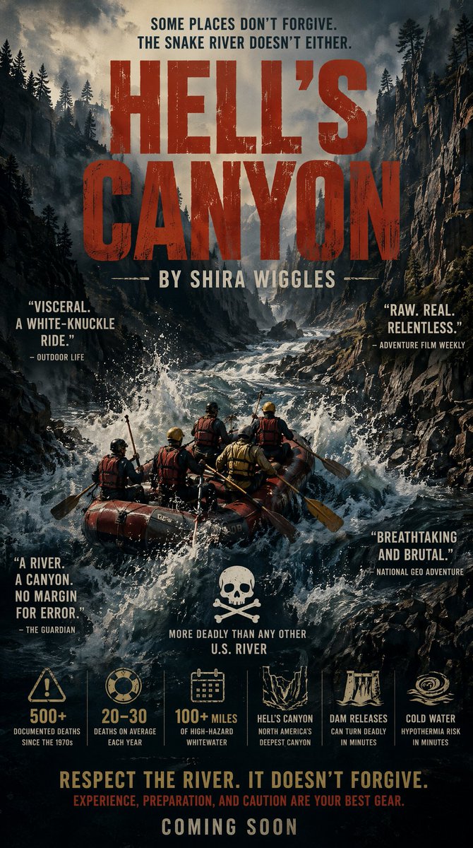 Hell's Canyon Survival Thriller Poster GPT Image 2 prompt example: Generates a gritty cinematic whitewater survival movie poster with dramatic canyon action, review quotes, and a...