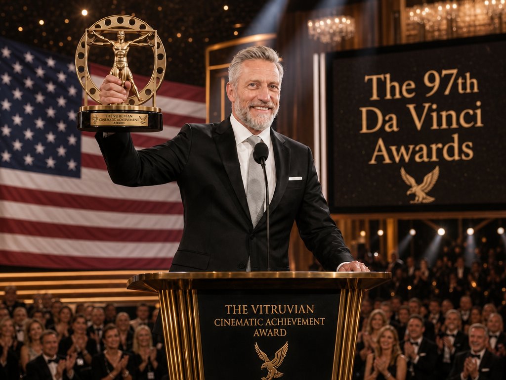 Da Vinci Awards Trophy Acceptance GPT Image 2 prompt example: Generates a photorealistic fictional awards acceptance scene with a tuxedoed actor, Vitruvian trophy, American flag...