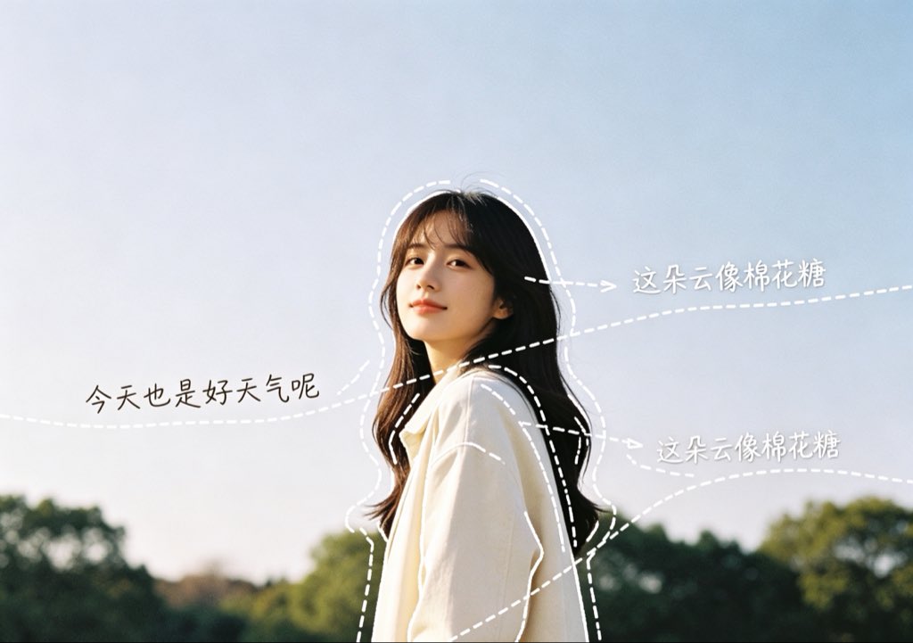 Diary-Style Annotated Portrait GPT Image 2 prompt example: Creates a warm outdoor portrait with hand-drawn dashed outlines, arrows, and casual handwritten Chinese diary...