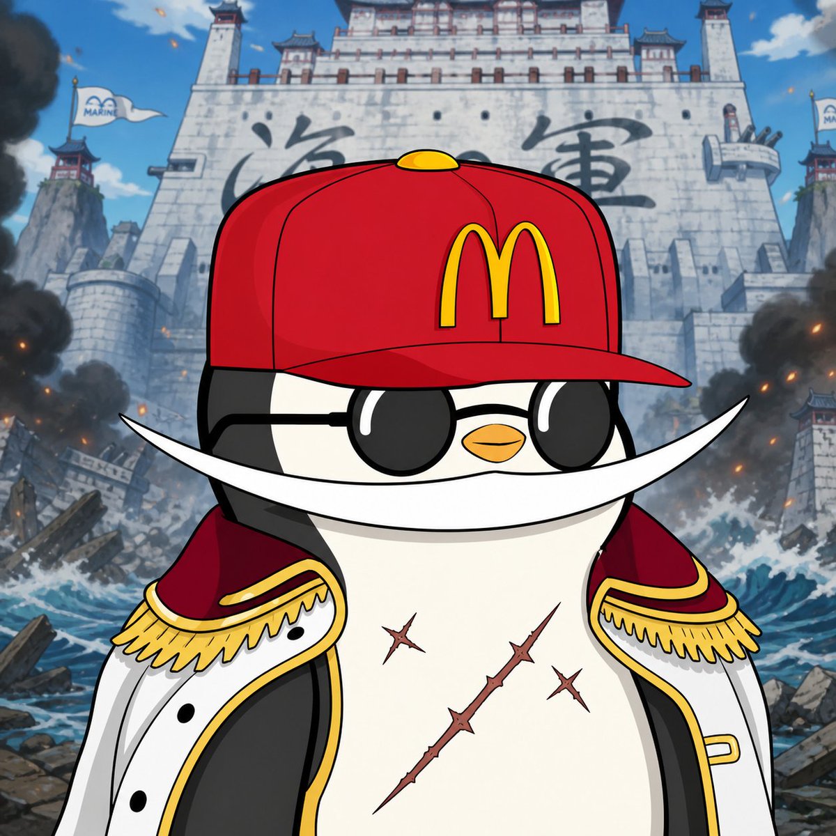 Penguin Pirate Admiral Parody GPT Image 2 prompt example: Generates a bold anime crossover-style illustration of a penguin admiral in a dramatic marine fortress battle scene.