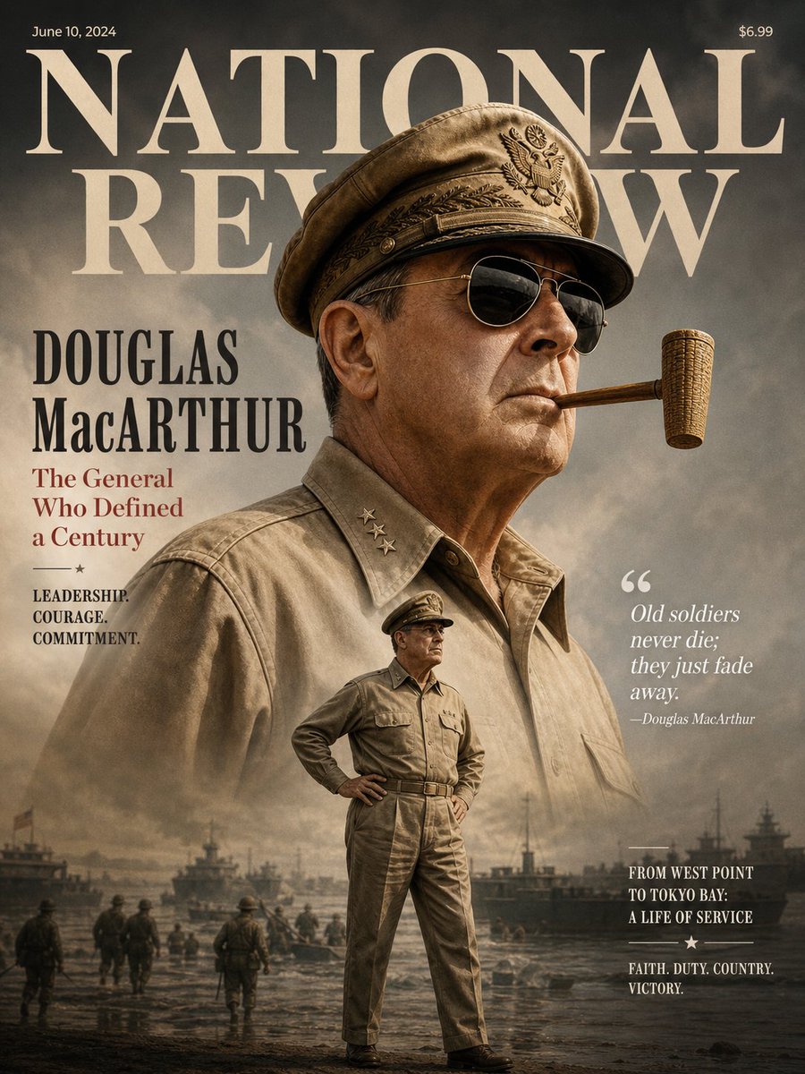 Layered MacArthur Magazine Cover Qwen Image prompt example: A cinematic historical magazine cover featuring a layered Douglas MacArthur portrait collage, wartime harbor...