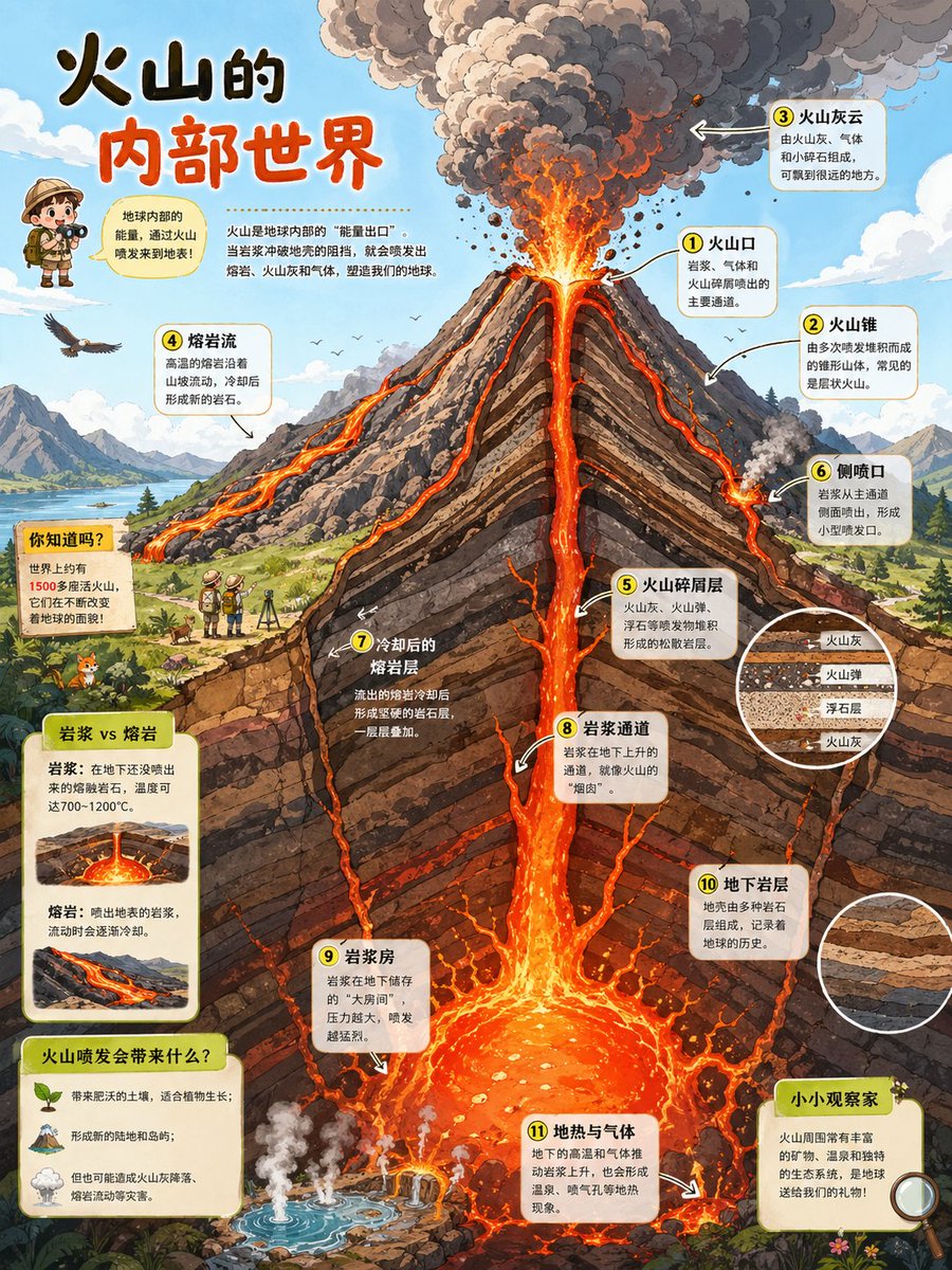 Volcano Cutaway Science Poster Qwen Image prompt example: Generates a Chinese children's encyclopedia-style volcano cross-section infographic with numbered anatomical callouts,...