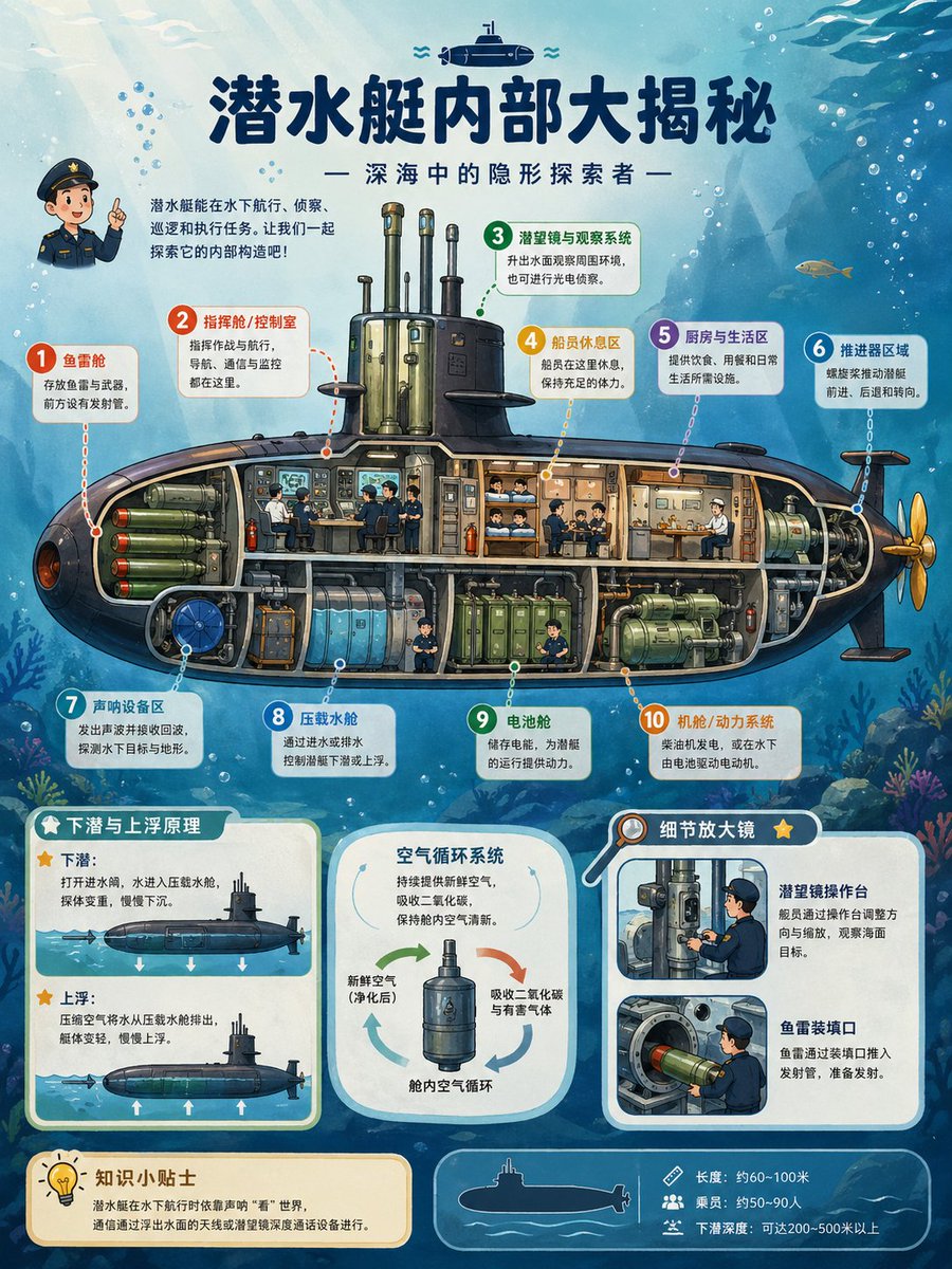 Submarine Cutaway Encyclopedia Poster Qwen Image prompt example: Creates a detailed Chinese educational infographic showing a submarine cutaway with labeled compartments,...