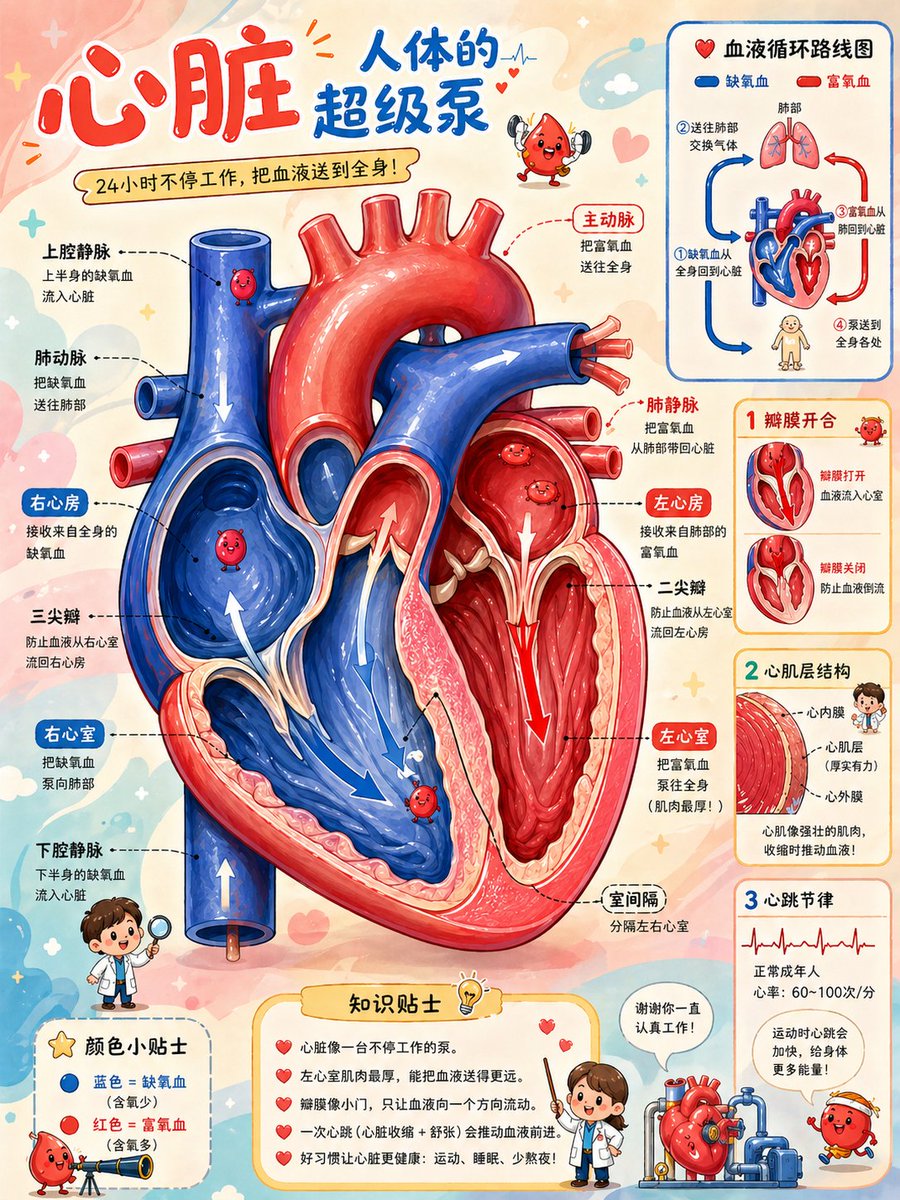 Cute Heart Cutaway Infographic Qwen Image 프롬프트 예시: Creates a child-friendly Chinese science encyclopedia poster explaining the heart’s internal structure, blood flow, valves,...