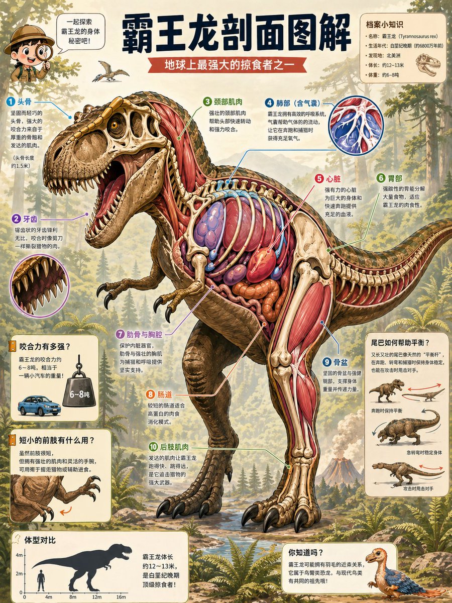 T. Rex Cutaway Encyclopedia Poster 的 Qwen Image 提示词示例图：Generates a detailed Chinese educational cutaway diagram of a Tyrannosaurus rex with labeled anatomy, facts, and side...