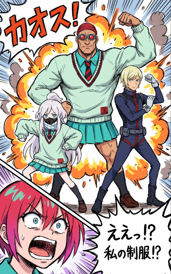 Chaotic Manga Uniform Transformation Qwen Image prompt example: Generates a polished explosive manga scene from rough layout and character sketch references, useful for turning...