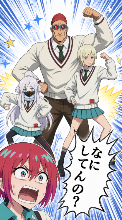 Colored Anime Manga Splash Panel 的 Qwen Image 提示词示例图:Generates a polished full-color comedic shonen manga panel from rough character layout references while preserving the poses...