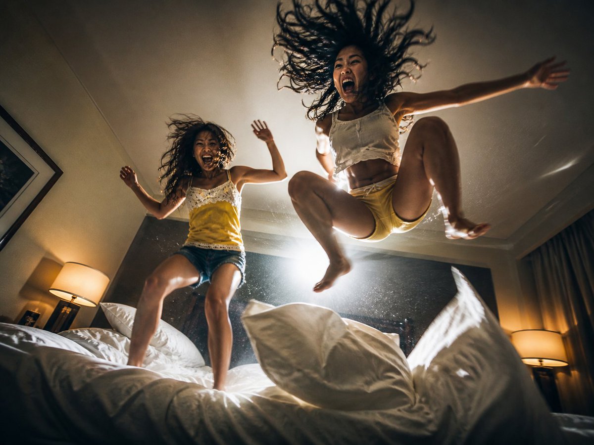 Cinematic Bed Jump Photo GPT Image 2 prompt example: A photorealistic cinematic hotel-room action scene of two people jumping on a messy bed, useful for generating energetic...