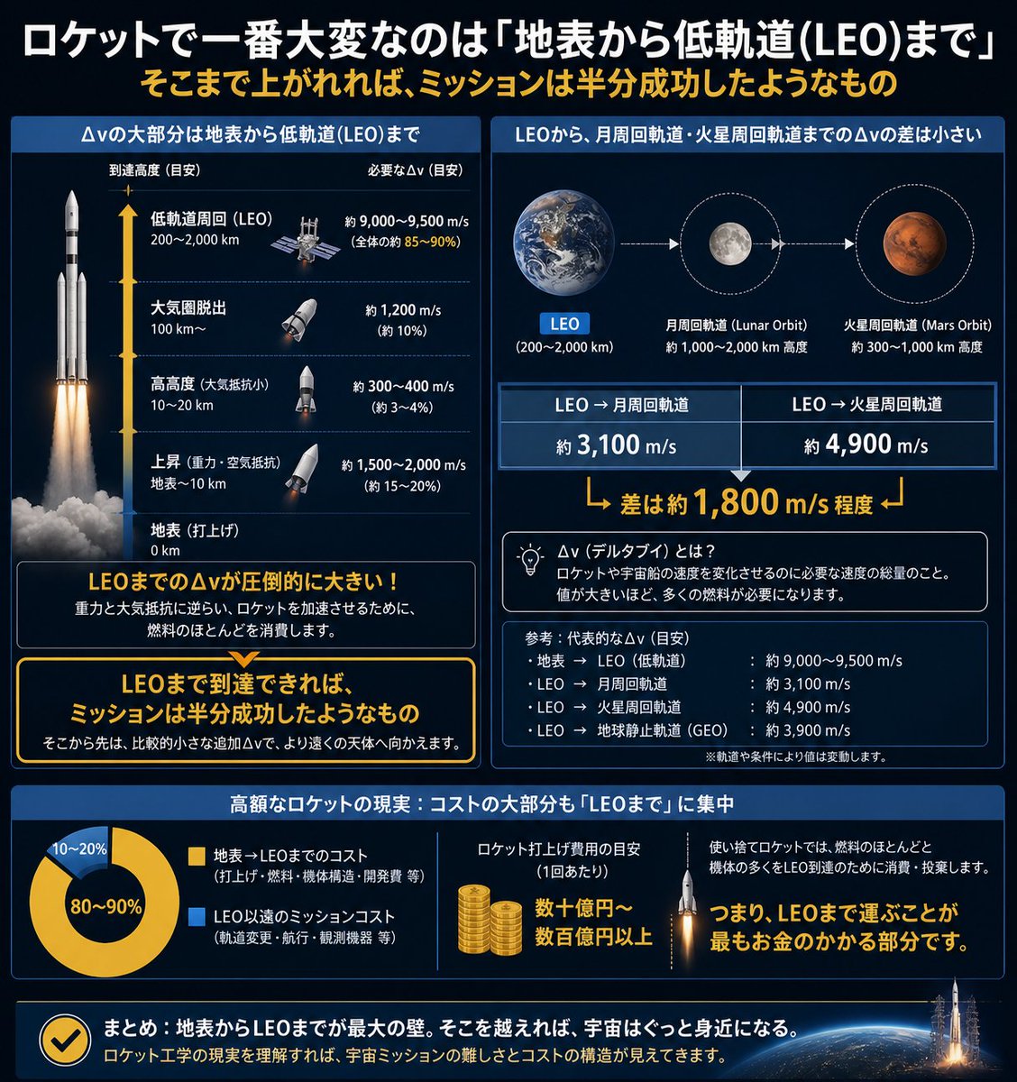 LEO Rocket Delta-V Infographic GPT Image 2 prompt example: Generates a Japanese engineering infographic explaining why reaching low Earth orbit is the hardest and most expensive...