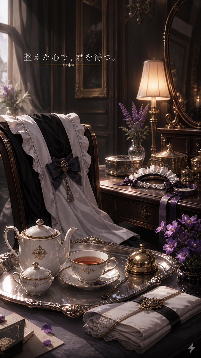 Victorian Tea Room Waiting Wallpaper GPT Image 2 prompt example: Generates a moody vertical Victorian dressing-room wallpaper with a Japanese one-line message, tea service, maid...