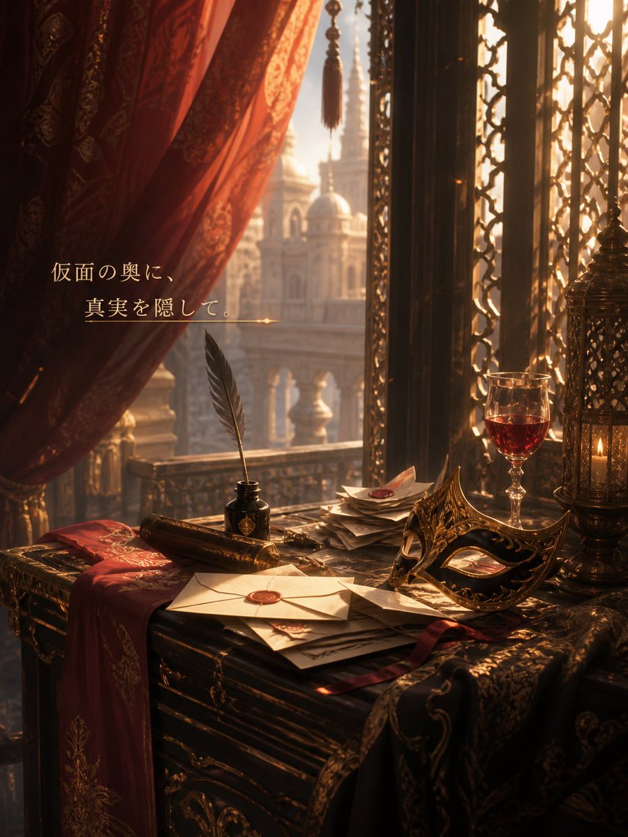 Masquerade Palace Wallpaper 的 GPT Image 2 提示词示例图：Generates a romantic fantasy palace background with a masquerade mask, letters, candlelight, and a short Japanese message for...