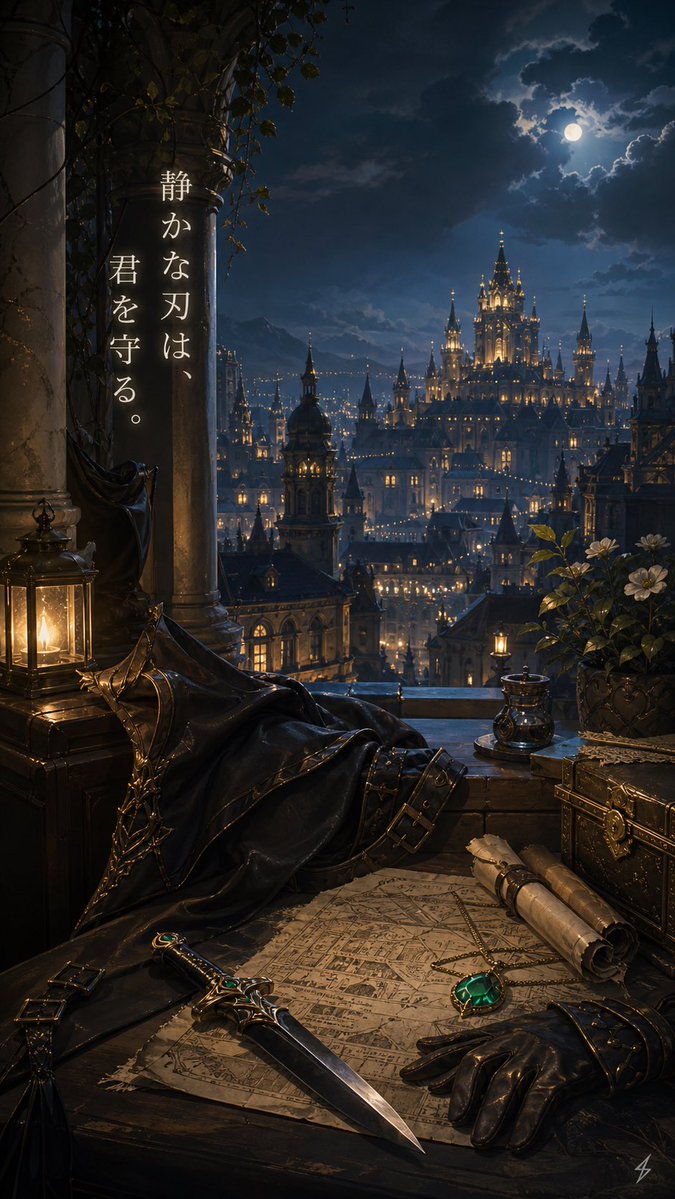 Moonlit Guardian Balcony 的 Qwen Image 提示词示例图:Generates a vertical gothic fantasy background with a moonlit castle city, ornate tabletop objects, and a short vertical message for...
