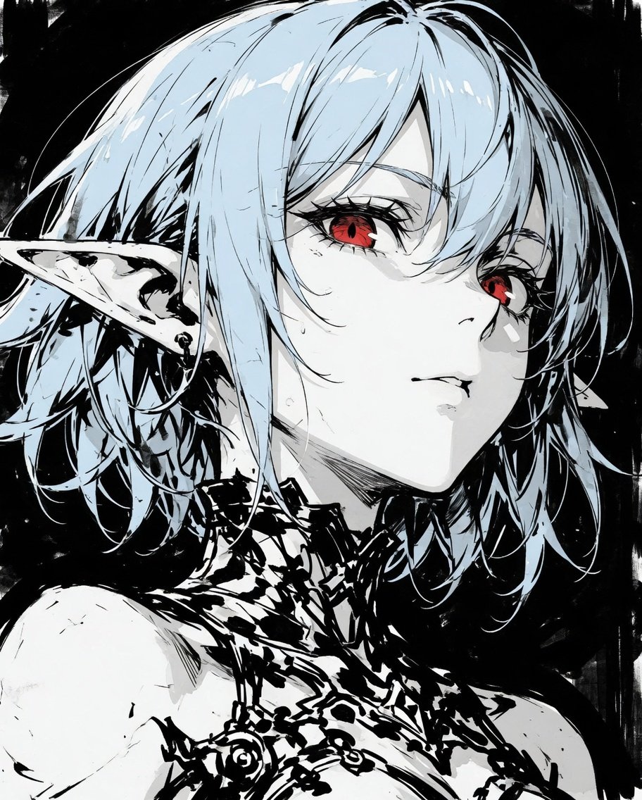 Censored Elf Cyborg Portrait GPT Image 2 prompt example: Generates a high-contrast manga-style close-up of an elven cyborg girl with a deliberately obscured face for dark fantasy...