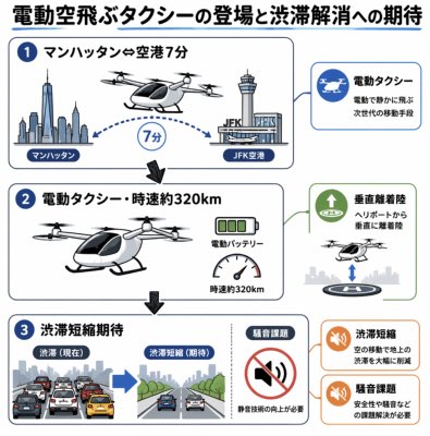 Japanese eVTOL Traffic Infographic Qwen Image 프롬프트 예시: Generates a clean Japanese infographic explaining electric air taxis, airport travel time, speed, congestion reduction...