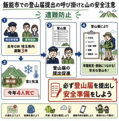 Japanese Mountain Safety Infographic GPT Image 2 prompt example: Generates a square Japanese public-safety infographic encouraging hikers to submit climbing plans and prepare for...