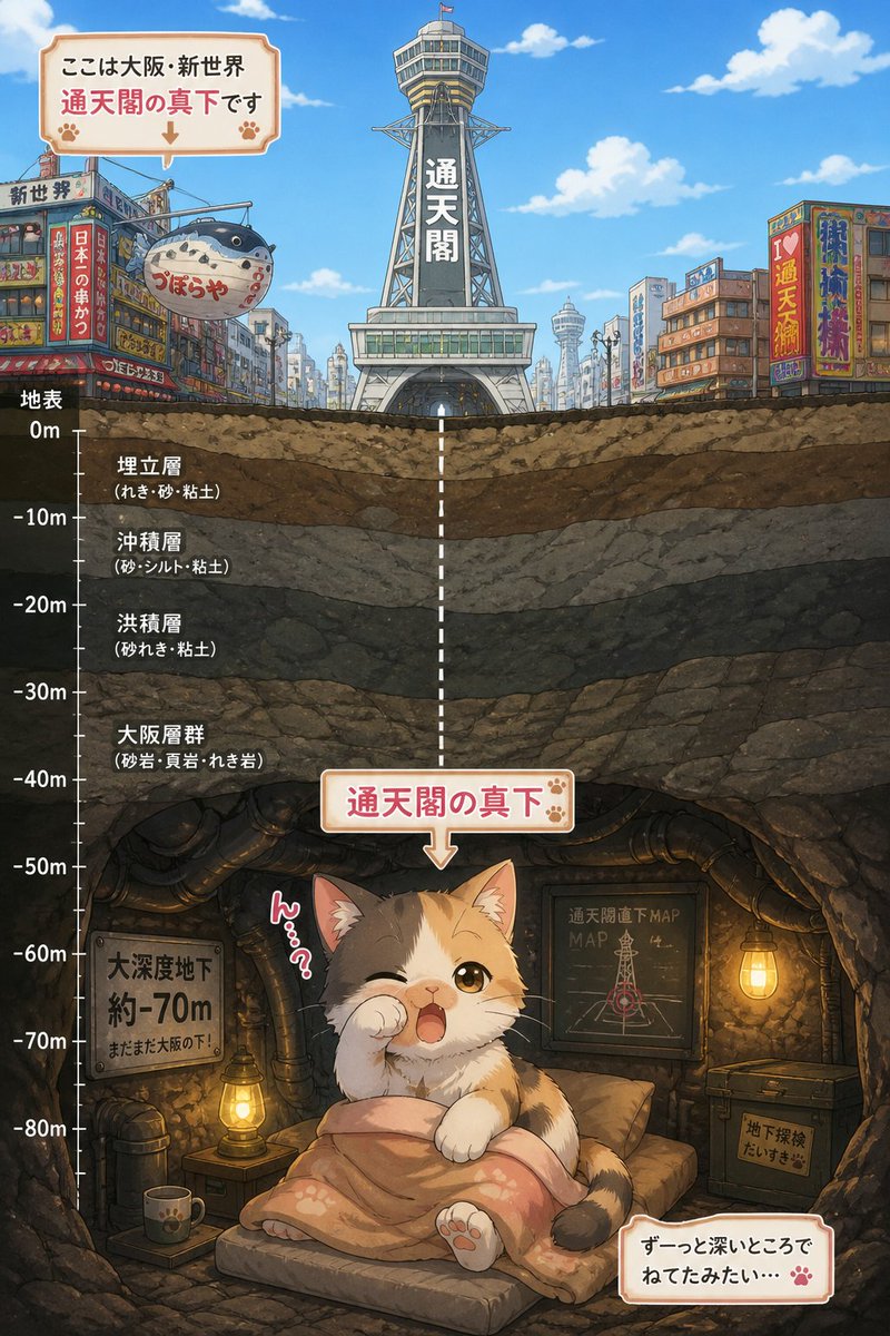 Kitten Under Tsutenkaku Cutaway GPT Image 2 prompt example: Generates a cute anime-style vertical cutaway poster showing a sleepy kitten in a cozy deep-underground room beneath...