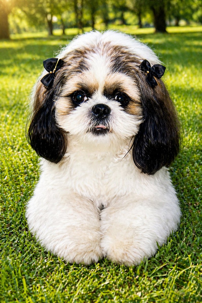 Shih Tzu Park Photo Restoration GPT Image 2 prompt example: Transforms an old telephone-card dog image into a clean modern pet portrait on grass in a sunny park.