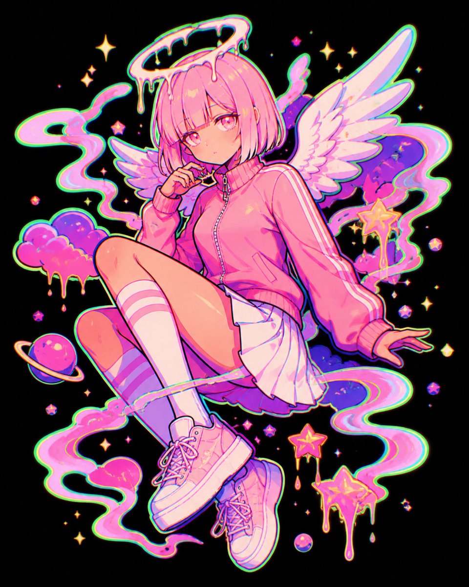 Pastel Neon Angel Girl のQwen Imageプロンプト例: Generates a vibrant kawaii anime illustration of a floating pastel angel girl surrounded by candy-colored cosmic effects.