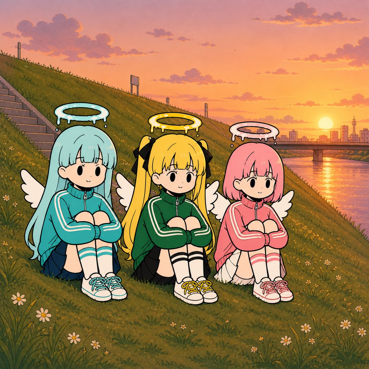 Chibi Angel Girls at Sunset Qwen Image prompt example: Generates a warm anime-style riverside scene with three colorful chibi angel girls relaxing on a grassy embankment at sunset.