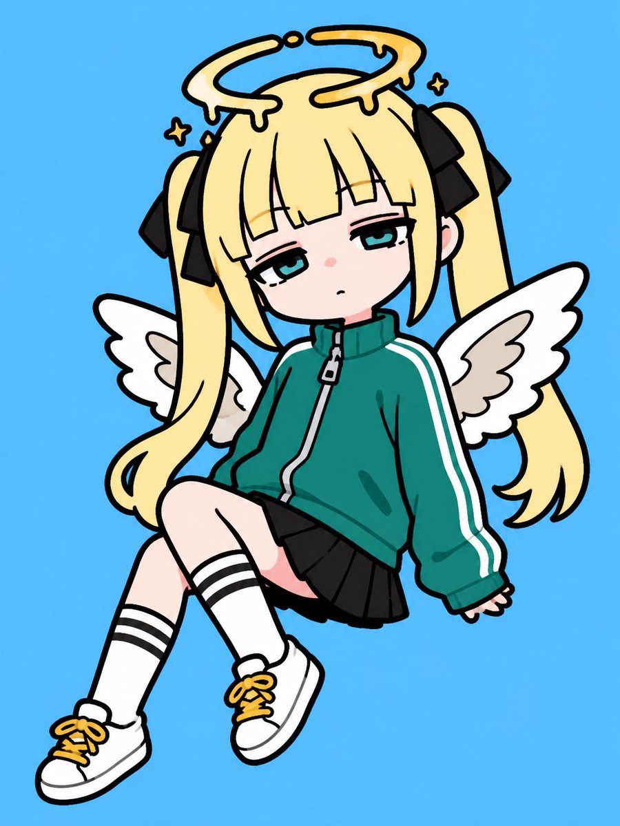 Sleepy Chibi Angel Girl 的 Qwen Image 提示词示例图:Generates a cute floating chibi angel girl sticker illustration with twin tails, halo, wings, and sporty streetwear.