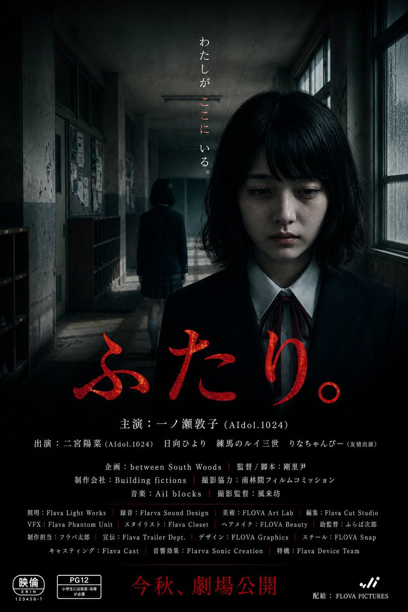 Japanese School Horror Poster のQwen Imageプロンプト例: Generates a photorealistic Japanese psychological horror film poster set in a dark school corridor with authentic title, tagline,...