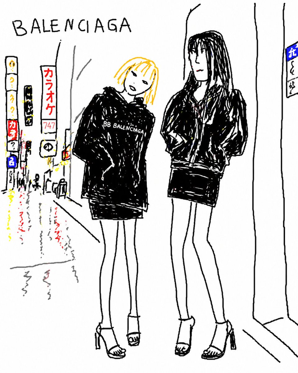Balenciaga Street Fashion Sketch Qwen Image 프롬프트 예시: Generates a rough marker-style fashion illustration of two stylish women outside a Balenciaga storefront on a rainy neon city...