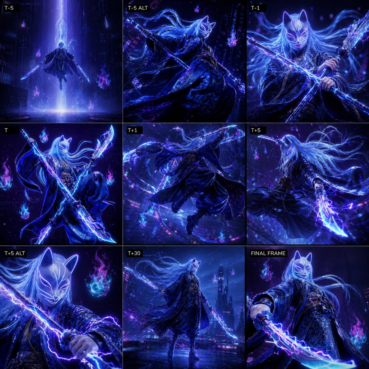 Cyber Kitsune Warrior Storyboard 的 Qwen Image 提示词示例图:Generates a nine-panel cyberpunk action storyboard of a glowing fox-mask warrior for animation keyframe or character motion...