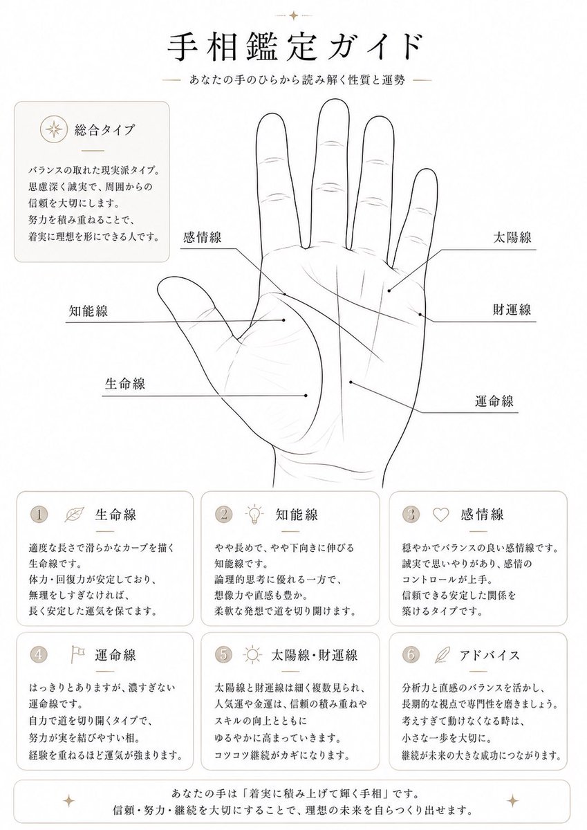 Japanese Palm Reading Guide GPT Image 2 prompt example: Creates a clean Japanese palmistry infographic with a labeled hand diagram, six analysis cards, and a concise...