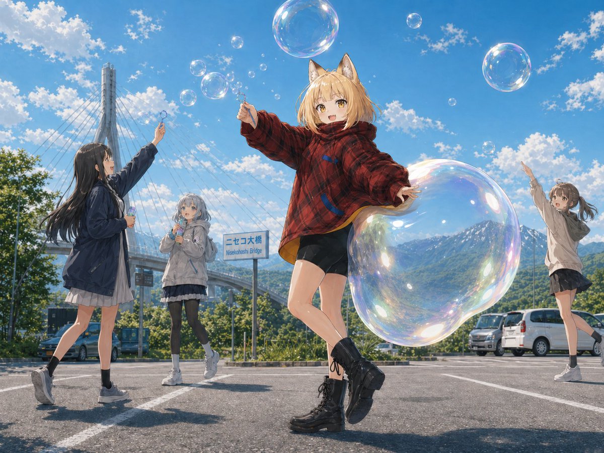 Fox Girl Bubble Dream 的 GPT Image 2 提示词示例图：Generates a bright anime summer scene of a fox-eared girl and three friends blowing iridescent soap bubbles near a mountain bridge.
