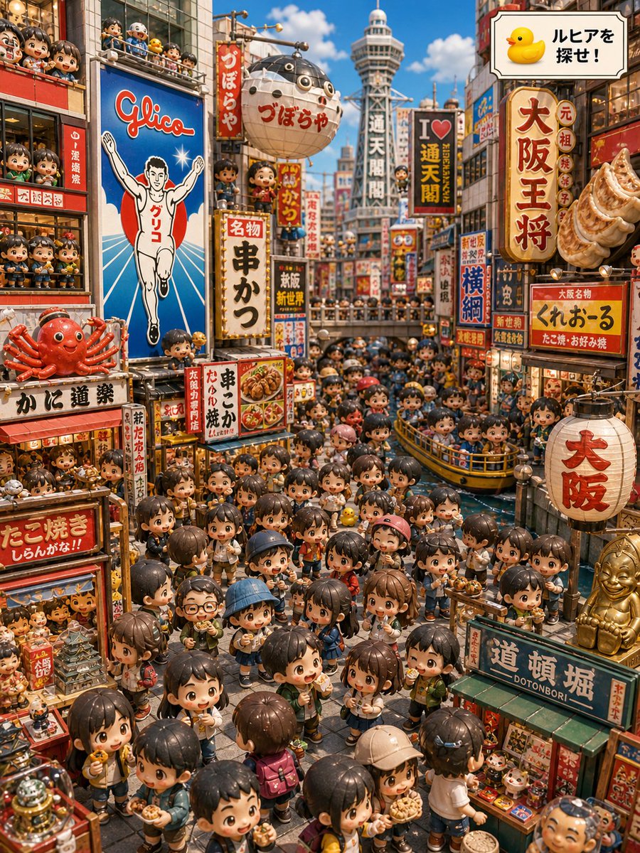 Osaka Chibi Find-the-Duck Diorama Qwen Image prompt example: Generates a dense Osaka travel search-and-find diorama where viewers hunt for a tiny rubber duck mascot among chibi...