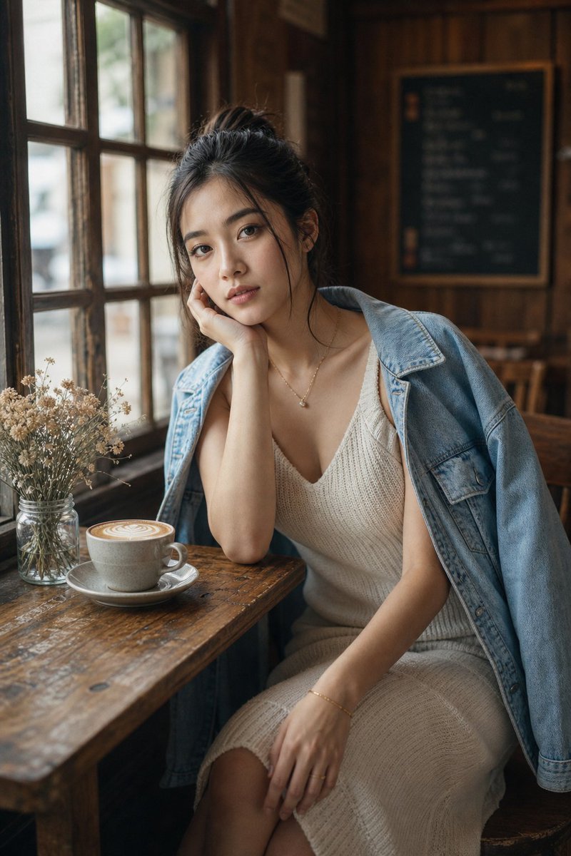 Cozy Café Window Portrait GPT Image 2 prompt example: Generates a realistic lifestyle café portrait with natural window light, rustic textures, and a relaxed fashion editorial...