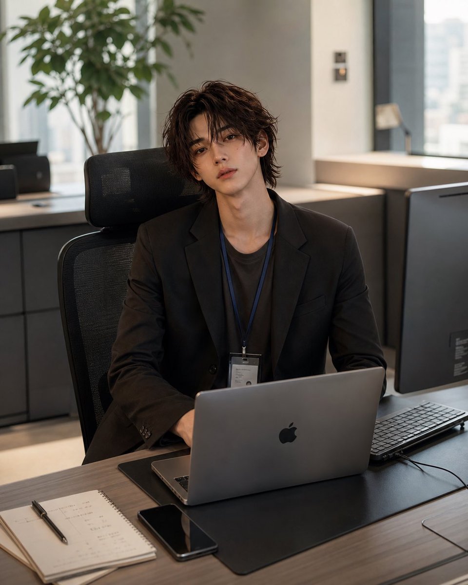 Stylish Office Worker Portrait 的 GPT Image 2 提示词示例图 变化图 2：Generates a photorealistic vertical corporate portrait of a fashionable young office worker seated at a laptop in a...