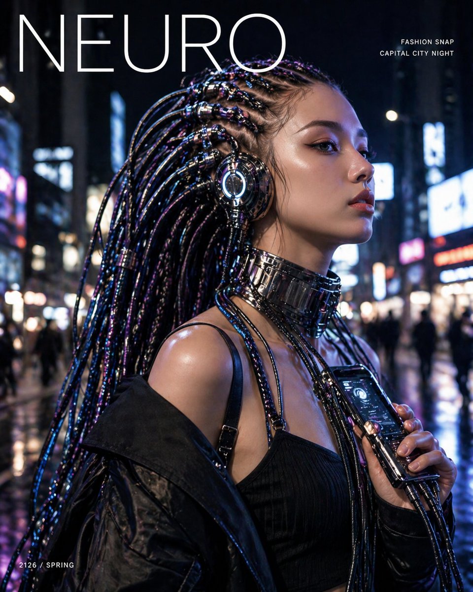 Cyberpunk Fashion Magazine Cover GPT Image 2 prompt example: Generates a realistic neon cyberpunk street-fashion magazine cover with a tech-braided model and customizable cover...