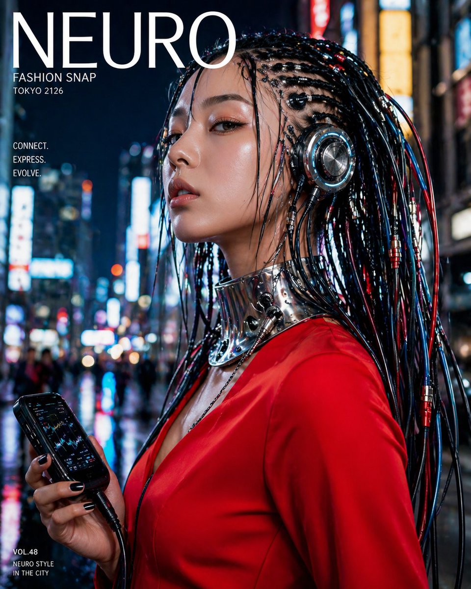 Cyberpunk Fashion Magazine Cover GPT Image 2 prompt example variation 2: Generates a realistic neon cyberpunk street-fashion magazine cover with a tech-braided model and...