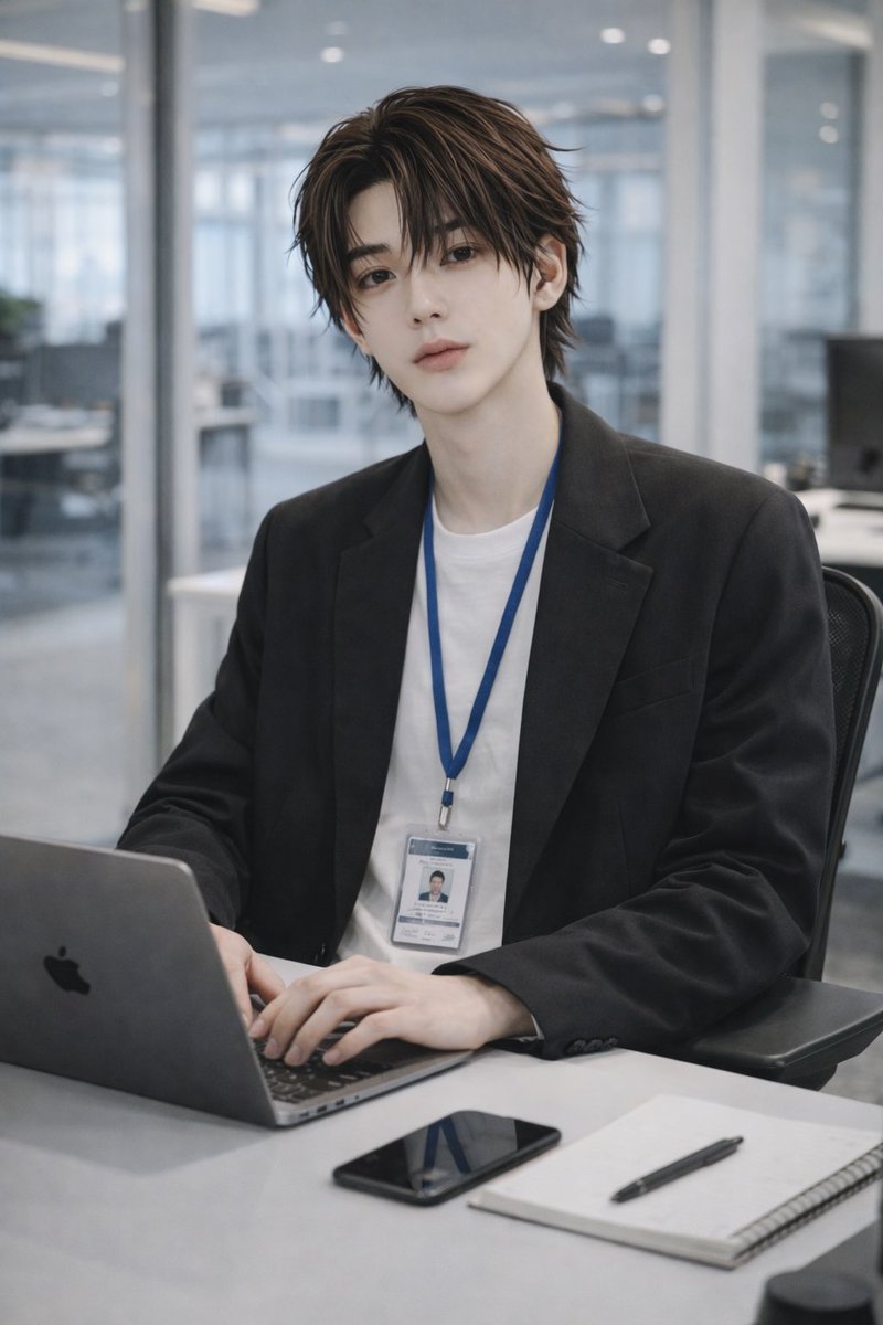 Stylish Office Worker Portrait 的 GPT Image 2 提示词示例图：Generates a photorealistic vertical corporate portrait of a fashionable young office worker seated at a laptop in a modern...