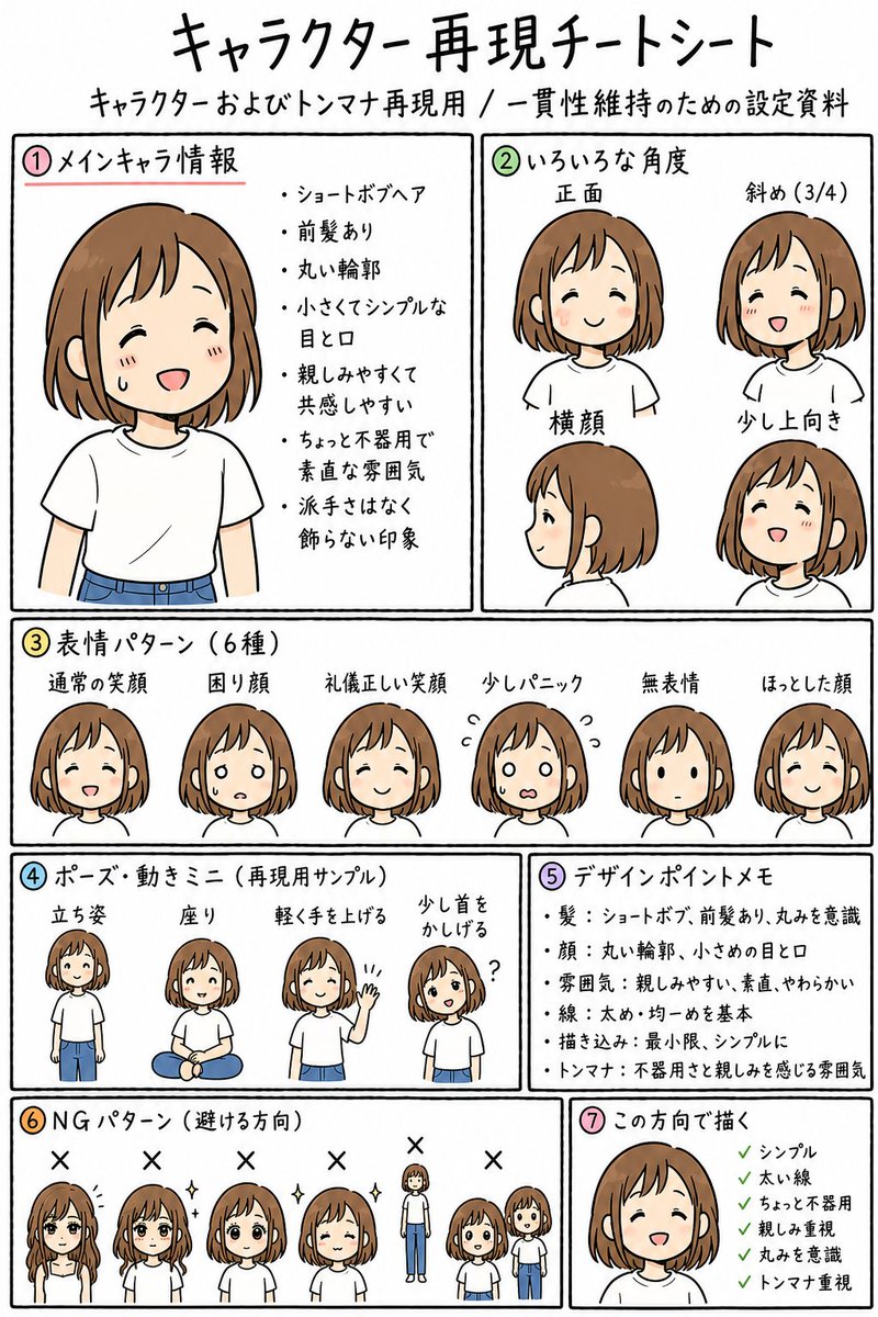 Anime Character Reproduction Cheat Sheet GPT Image 2 prompt example: Generates a Japanese character consistency reference sheet for recreating one simple manga girl across LINE...