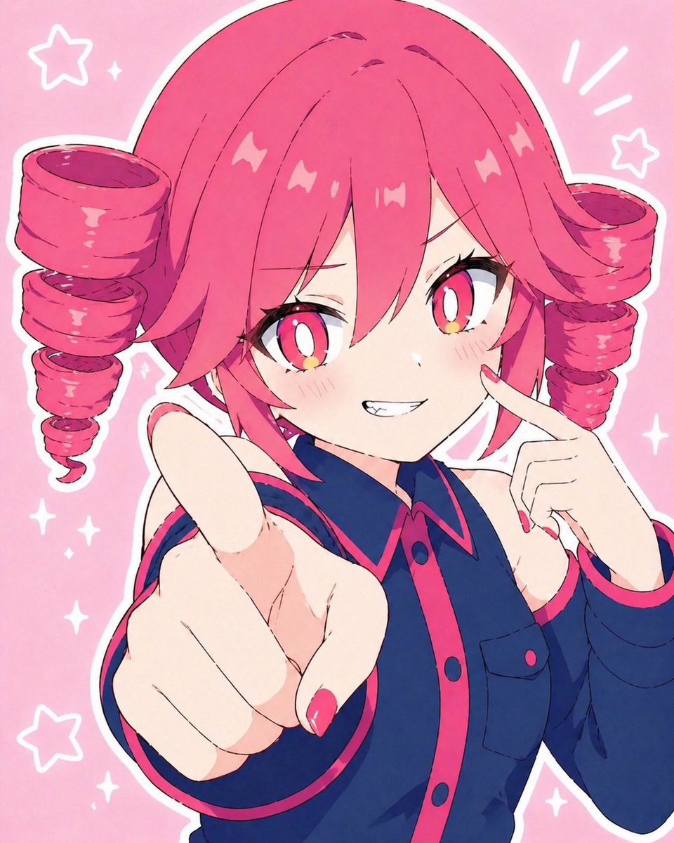 Kasane Teto Pop Idol Portrait Qwen Image prompt example: Generates a cute energetic anime portrait of Kasane Teto with drill twin-tails, a pointing pose, and a pink sticker-style...