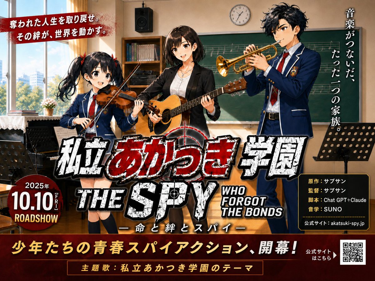 Japanese School Spy Movie Poster GPT Image 2 prompt example: Creates a dense Japanese train-ad style anime movie poster for a school music spy action story with dramatic...
