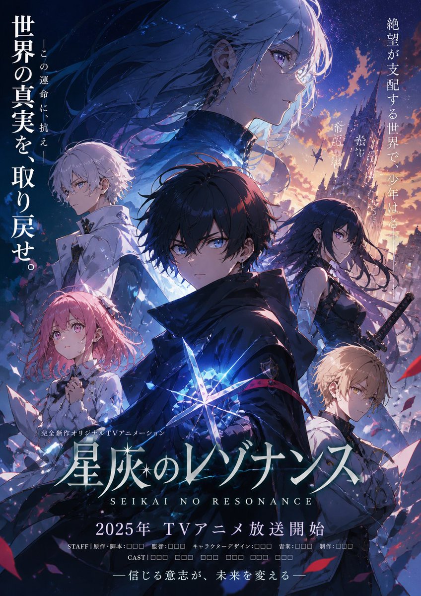 Anime Fantasy Ensemble Poster GPT Image 2 prompt example: Generates a cinematic Japanese anime fantasy key visual poster for a fictional upcoming TV animation or film campaign.