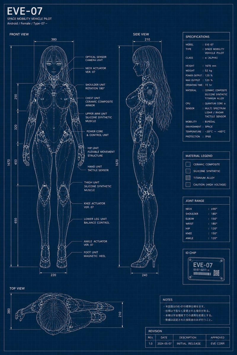EVE-07 Android Blueprint Sheet Qwen Image prompt example: Generates a detailed sci-fi female android orthographic blueprint with front, side, top views, specifications, material...