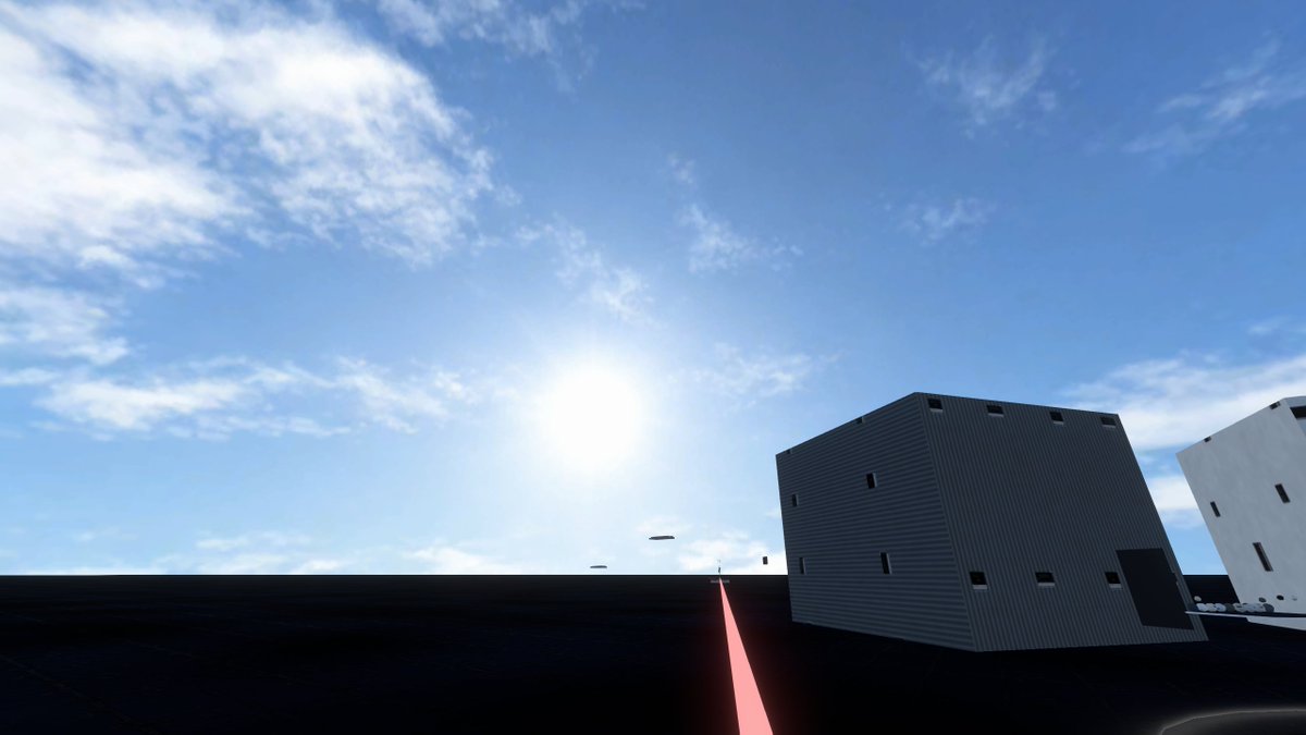Minimal Game Engine Skybox Scene Qwen Image 프롬프트 예시: Generates a cinematic real-time-rendered skybox test environment with a vast blue sky, dark platform, industrial buildings,...