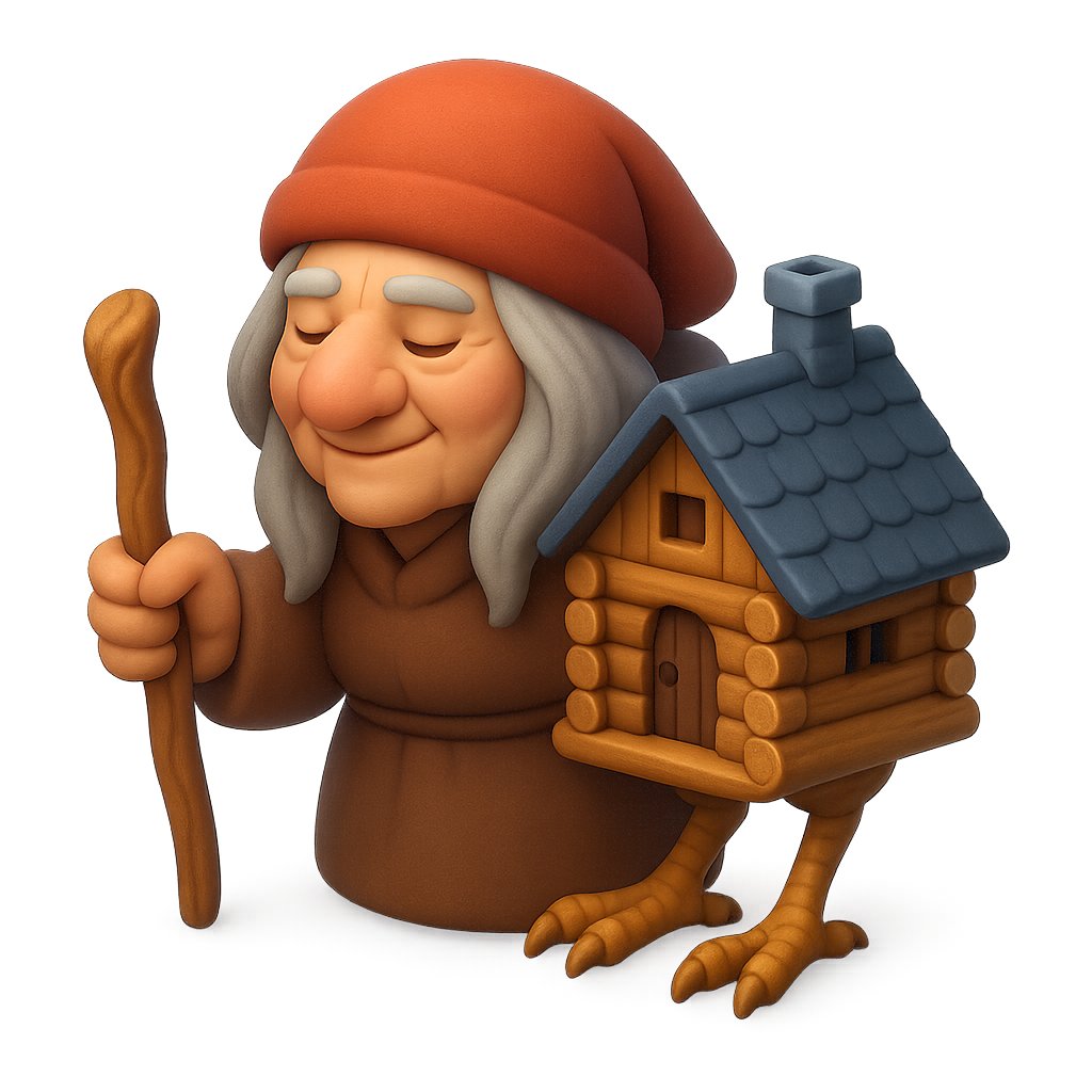Clay Baba Yaga With Chicken-Leg Hut Qwen Image prompt example: Generates a whimsical 3D clay-style folklore character holding a staff beside a chicken-legged hut for toy-like...
