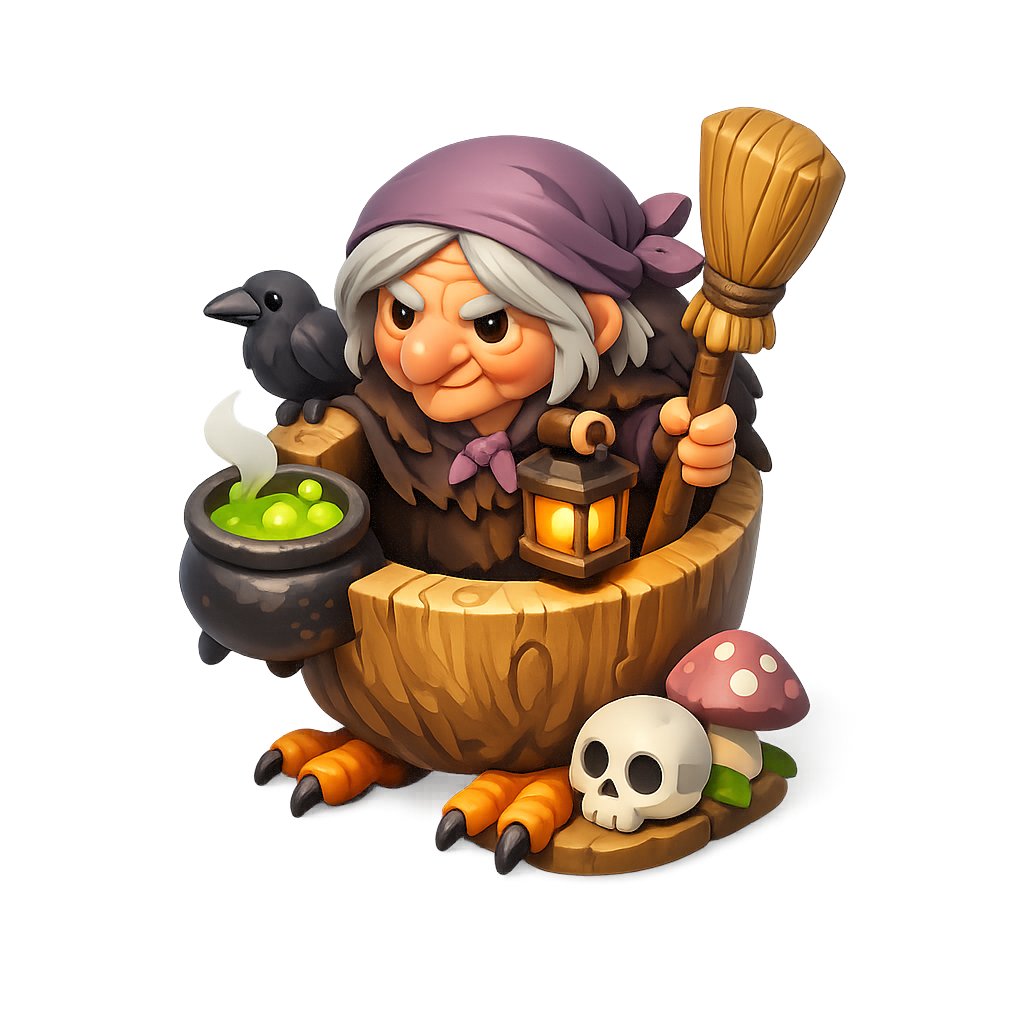 Chibi Witch Owl Figurine GPT Image 2 prompt example: Generates a cute 3D Halloween fantasy mascot figurine with witch accessories, potion cauldron, crow, skull, and mushroom for...