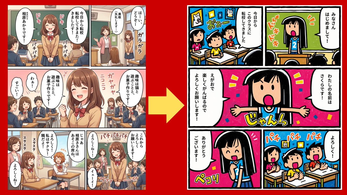 Manga Art Style Comparison Qwen Image 프롬프트 예시: Creates a side-by-side classroom manga comparison showing a generic anime comic transformed into a distinctive gag-manga style.