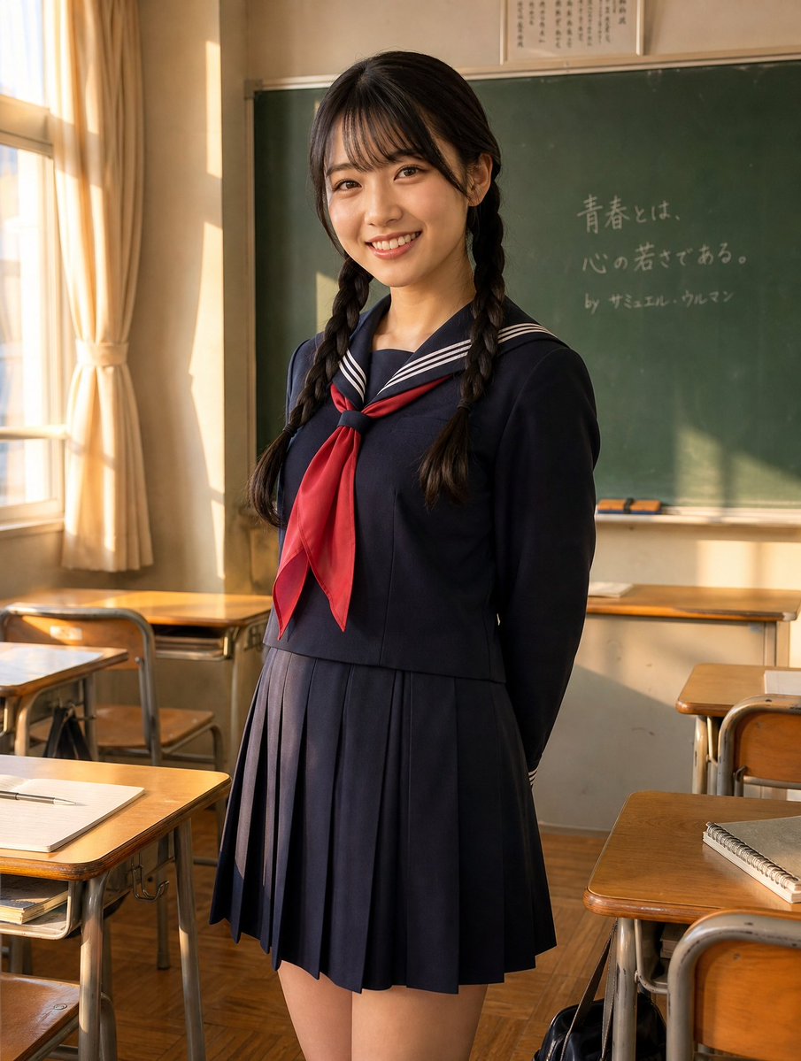 Sunlit Japanese Classroom Sailor Uniform Portrait Qwen Image 프롬프트 예시: Generates a photorealistic after-school classroom portrait of a braided student in a sailor uniform with a...