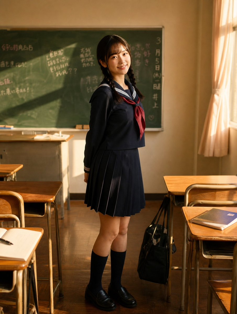 Sunlit Japanese Classroom Sailor Uniform Portrait Qwen Image 프롬프트 예시 변형 2: Generates a photorealistic after-school classroom portrait of a braided student in a sailor uniform...