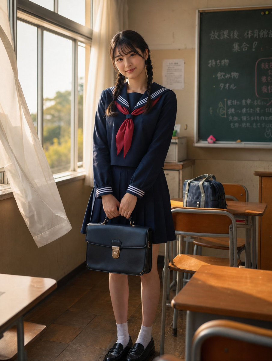 Sunlit Japanese Classroom Sailor Uniform Portrait Qwen Image 프롬프트 예시 변형 3: Generates a photorealistic after-school classroom portrait of a braided student in a sailor uniform...