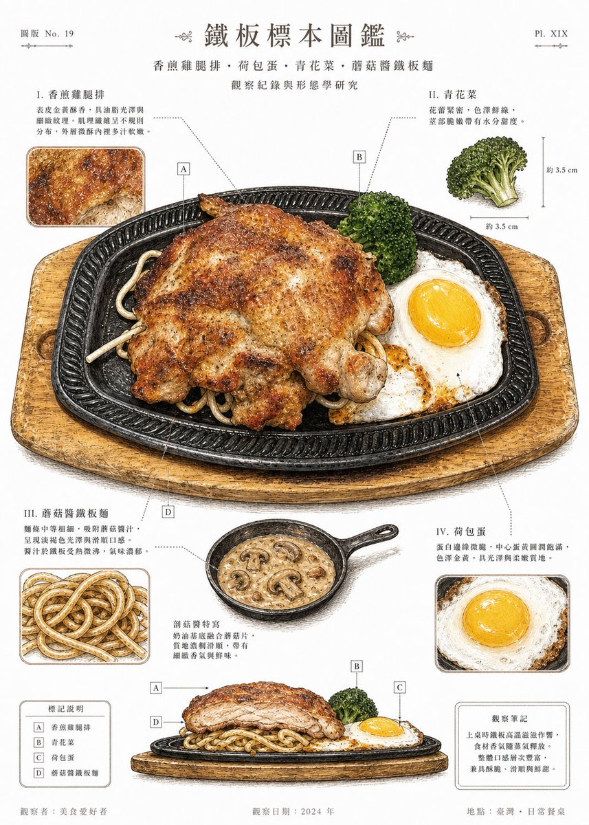 Vintage Teppan Meal Specimen Chart のQwen Imageプロンプト例: Transforms a reference food photo into a Traditional Chinese vintage scientific illustration poster with labeled ingredient...