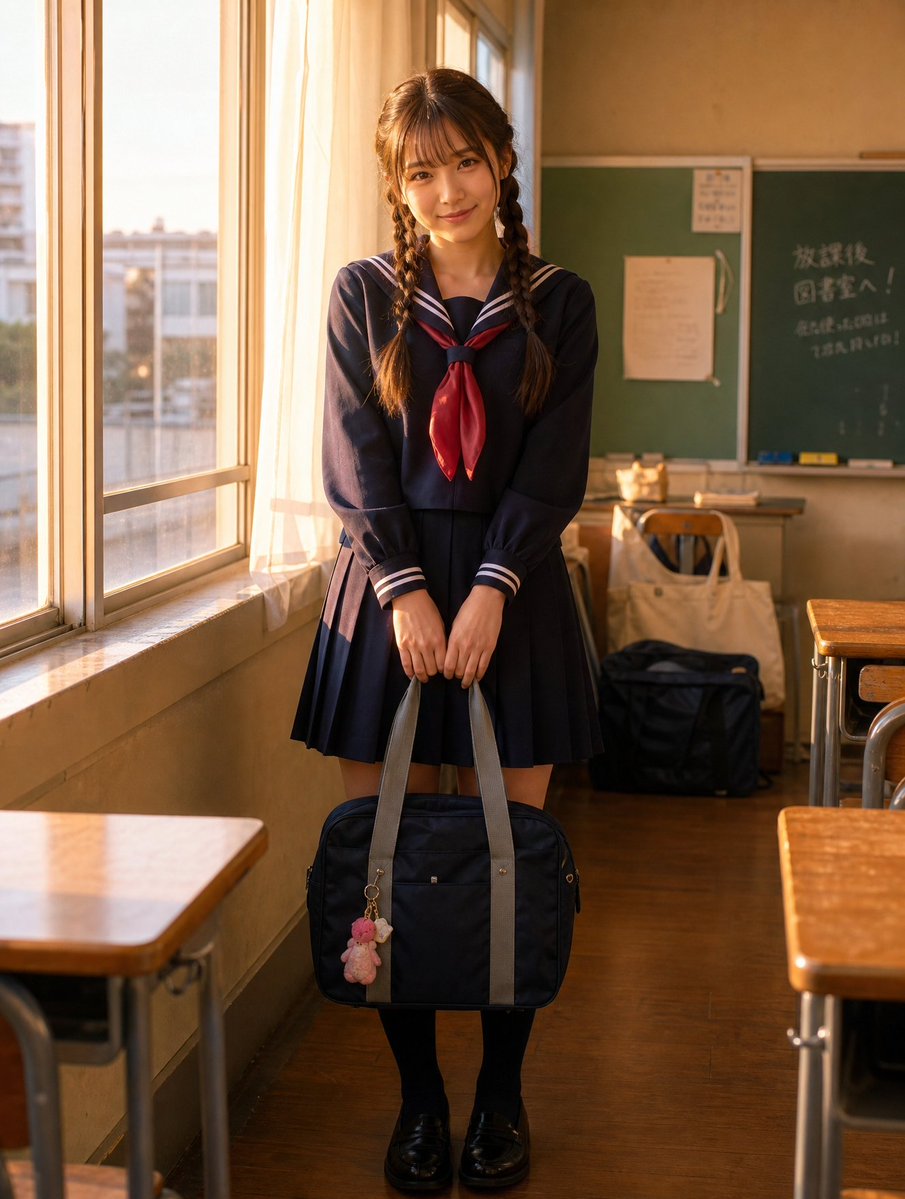 Sunlit Japanese Classroom Sailor Uniform Portrait Qwen Image 프롬프트 예시 변형 4: Generates a photorealistic after-school classroom portrait of a braided student in a sailor uniform...
