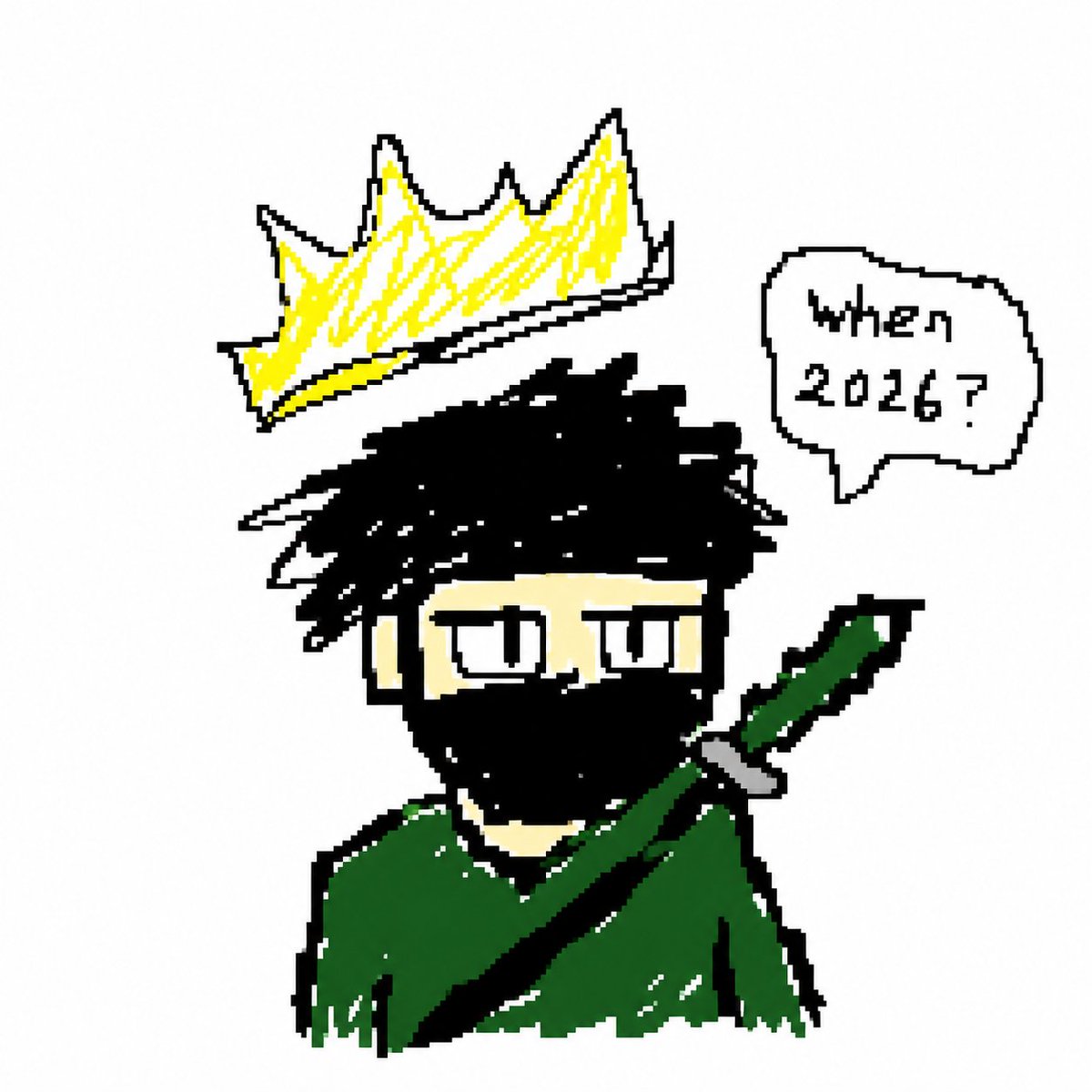 Crude Pixel King Ninja Doodle Qwen Image prompt example: Generates a rough MS Paint-style cartoon avatar of a crowned masked character with a sword and speech bubble.